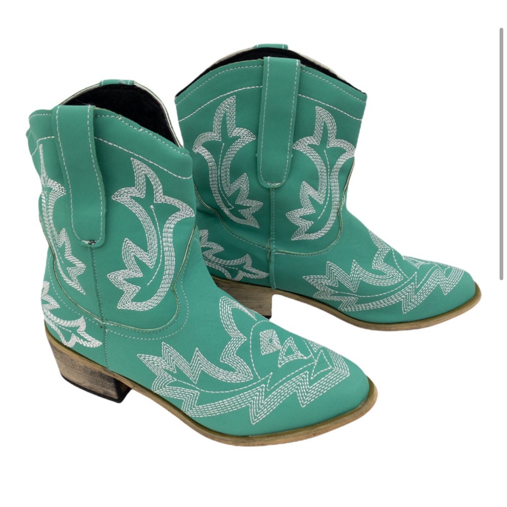 YASIRUN Light Green Embroidered Ankle Cowboy Western Ankle Boots 36